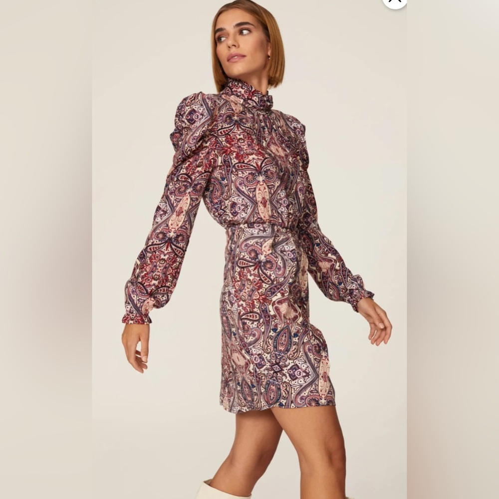 Slate & Willow Dark Maroon Paisley Mini Dress Puffed Sleeves Size Small